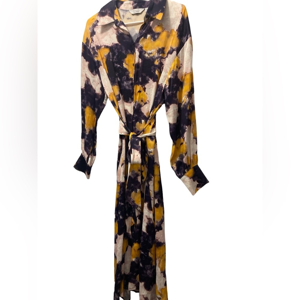 & Other Stories Purple, White, Yellow Watercolor Long, Puff Sleeved Shirt Dress